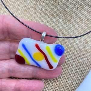 Artisan Made Glass Pendant On Black Wire Choker Necklace